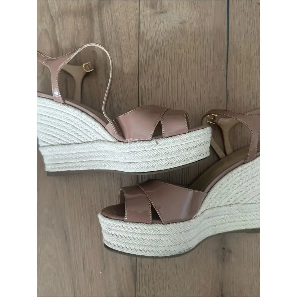 Sergio Rossi Patent Peep Toe Wedge Sandal In Off Nude 36